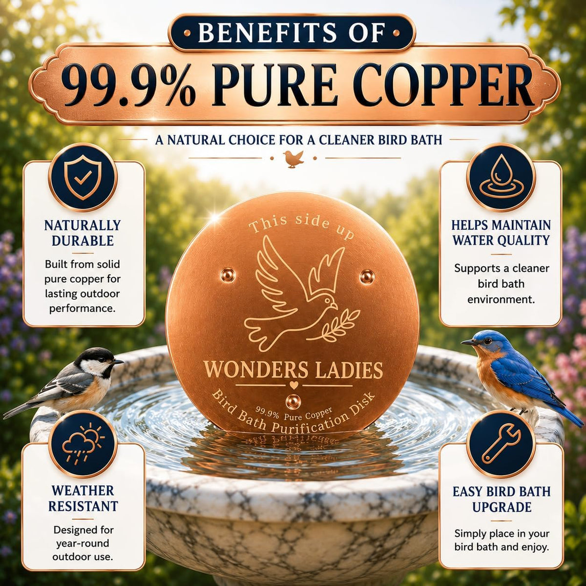 Copper bird bath disc, weather-resistant and reusable